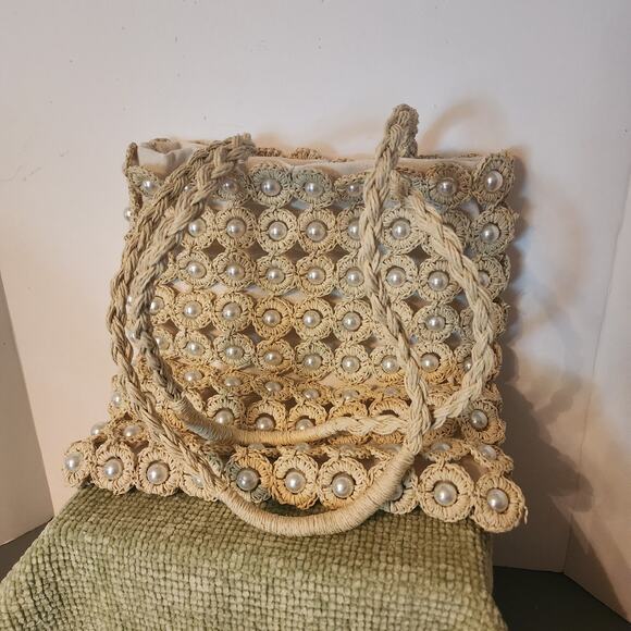Haute Hippie Style Straw Pearl Beaded Woven Tote Bag Boho Chic 12x13 In - Picture 1 of 11
